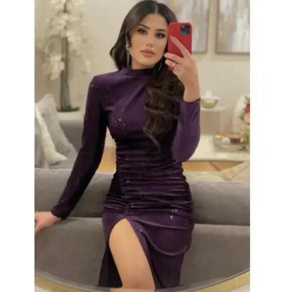 zara festive days purple dress Glitter Mesh Long Sleeve Mini Dress